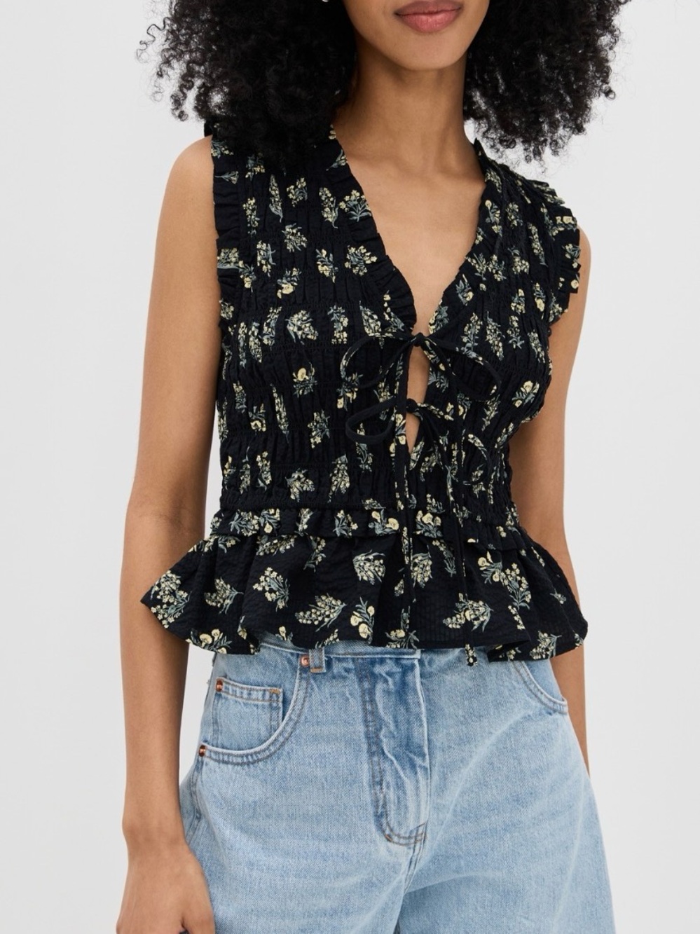 Rails Black Floral Smocked Tie-Front Camisole